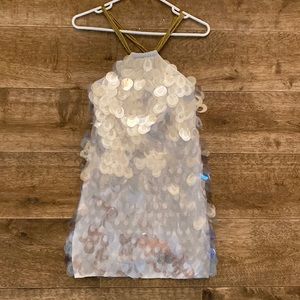 Bebe Dress Opaque White Sequin with Gold Cross Straps